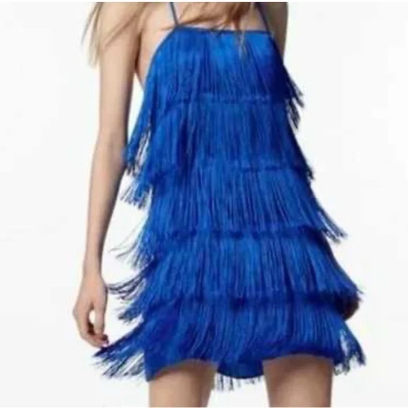 Zara Cobalt Blue Fringe Mini Dress Flapper western Festive Holiday Party Dress - Picture 3 of 9
